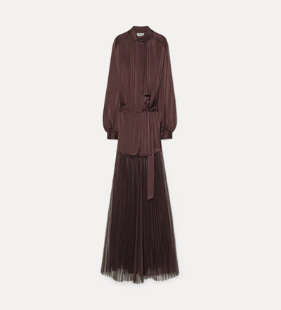 silk satin dress with a plissé-pleated tulle skirt diamond