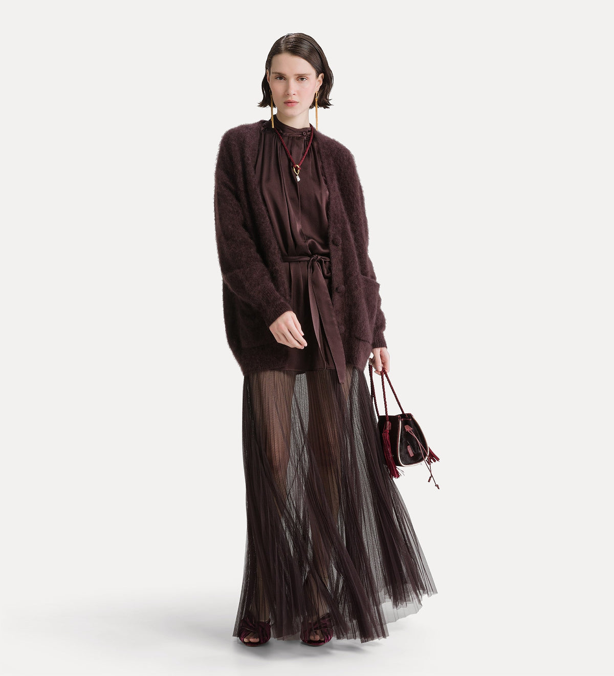 silk satin dress with a plissé-pleated tulle skirt diamond