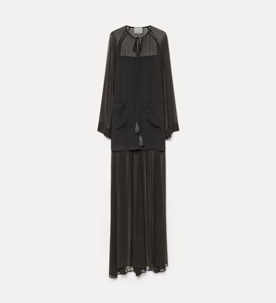 georgette and crepe long dress with a bow and tassels black