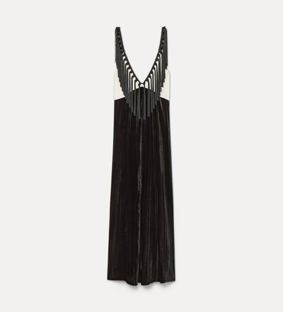 colourblock velvet slip dress with fringes black