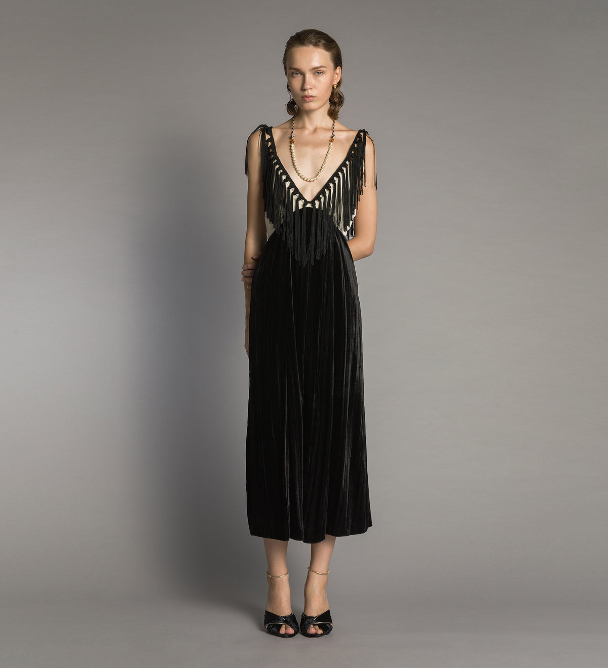 colourblock velvet slip dress with fringes black