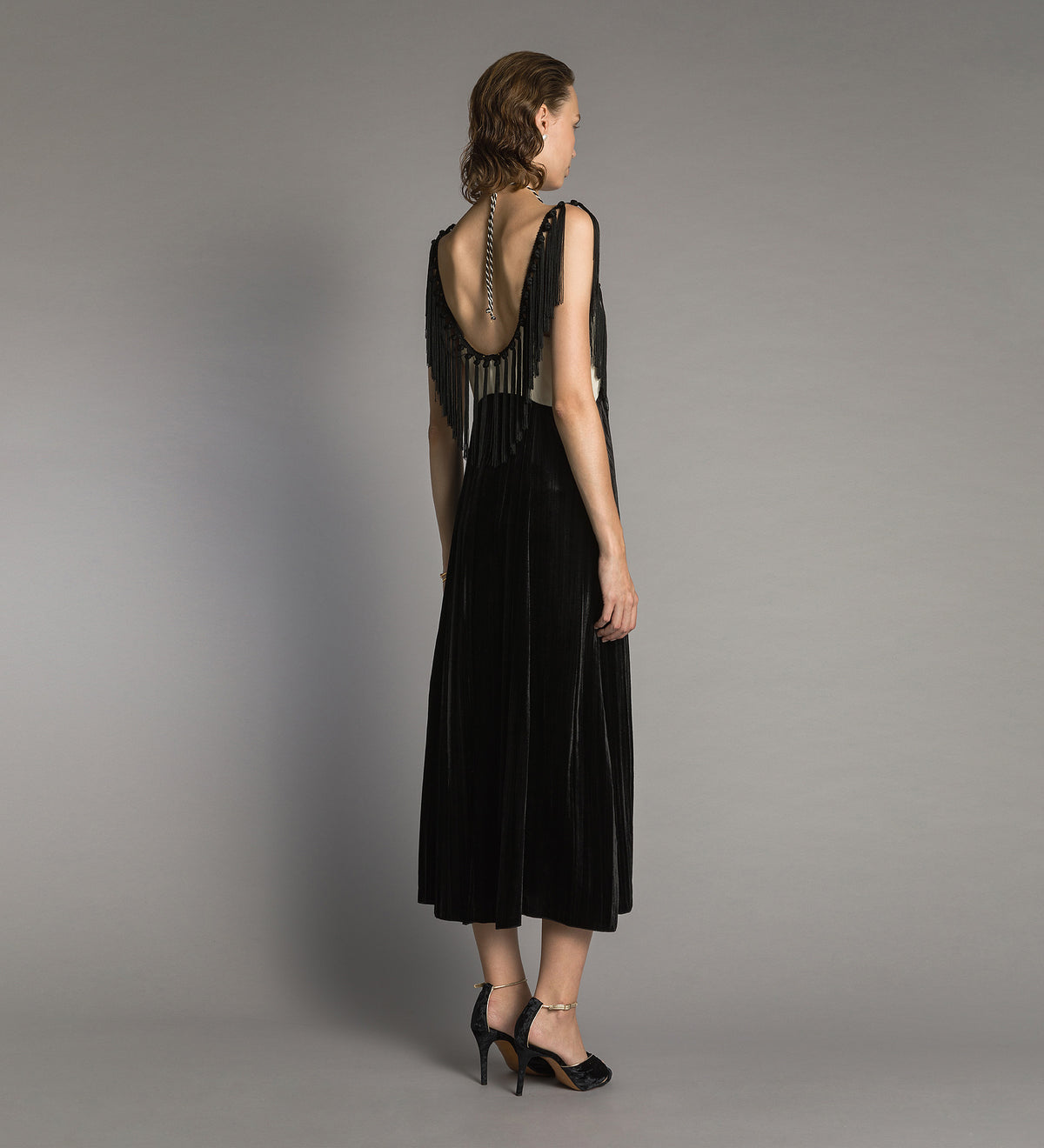 colourblock velvet slip dress with fringes black