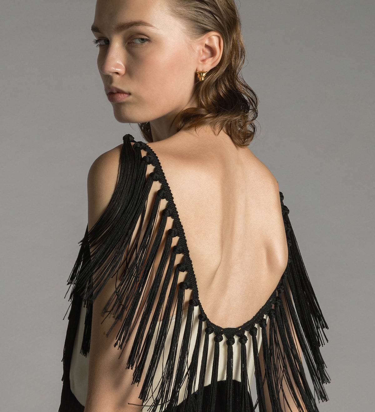 colourblock velvet slip dress with fringes black