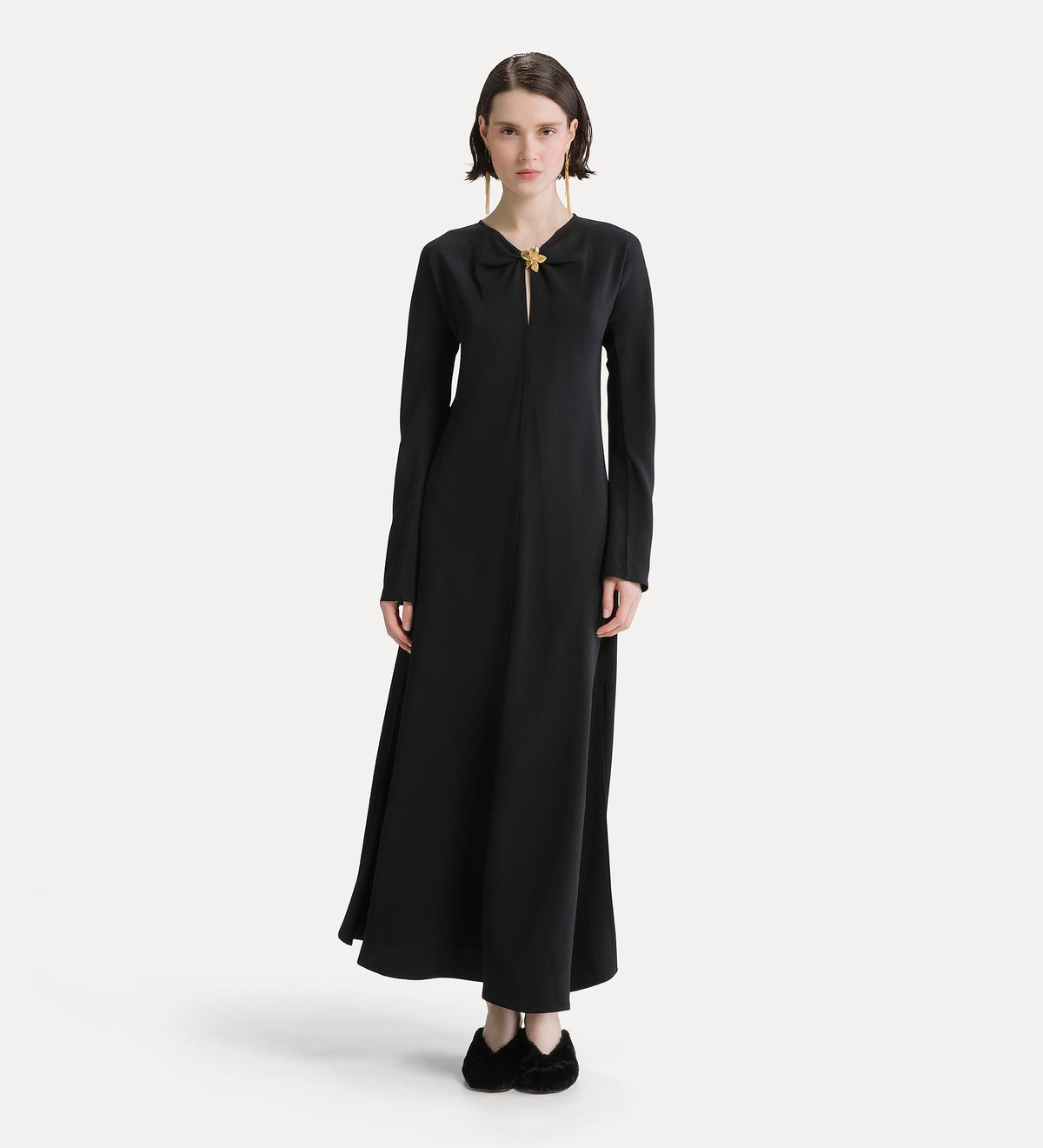 envers satin dress with jewel flower black