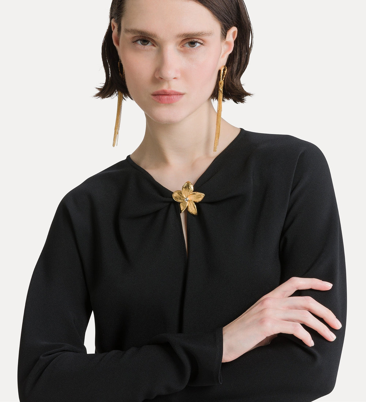 envers satin dress with jewel flower black