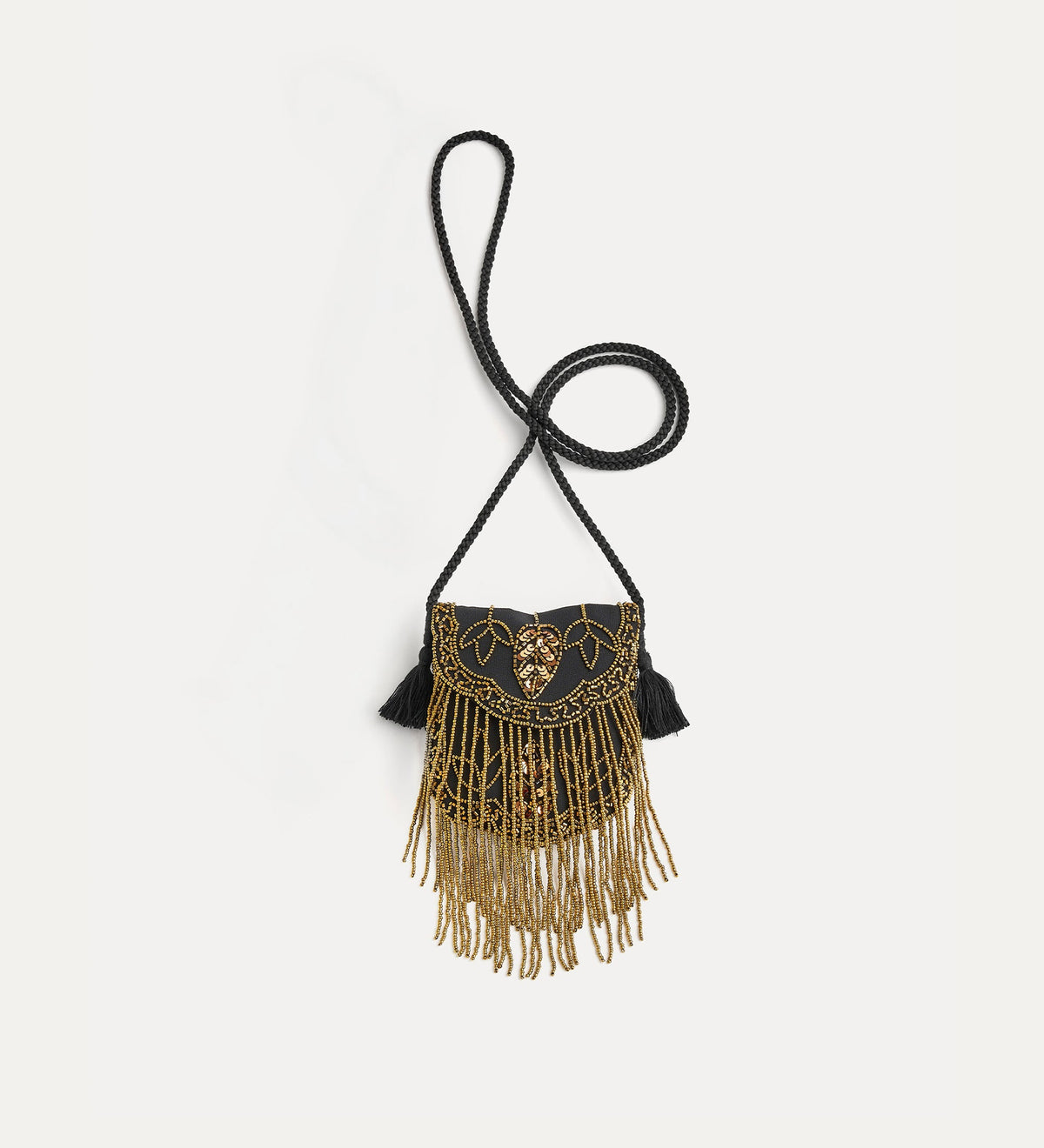 crossbody bag with fringing and “the queen's beads” hand embroidery gold