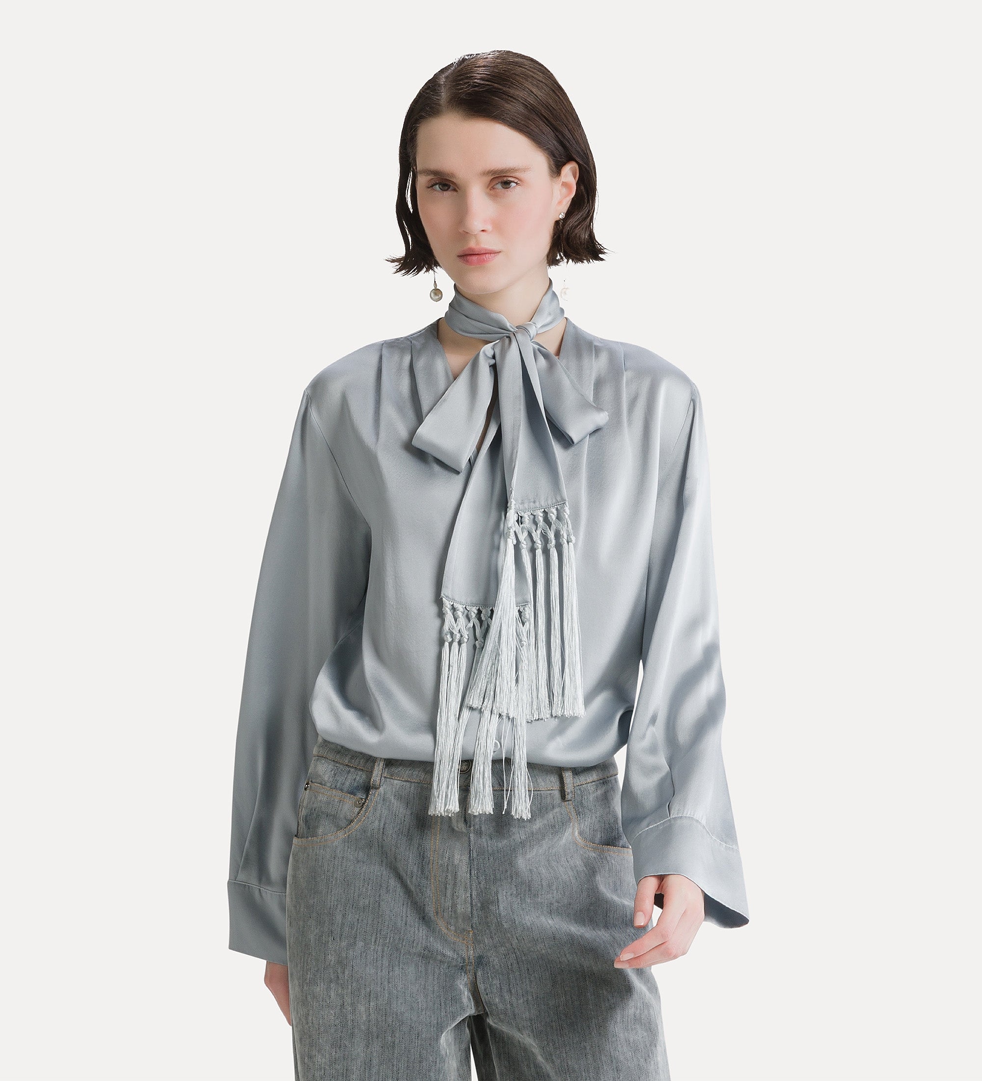 silk satin shirt with neckerchief grey