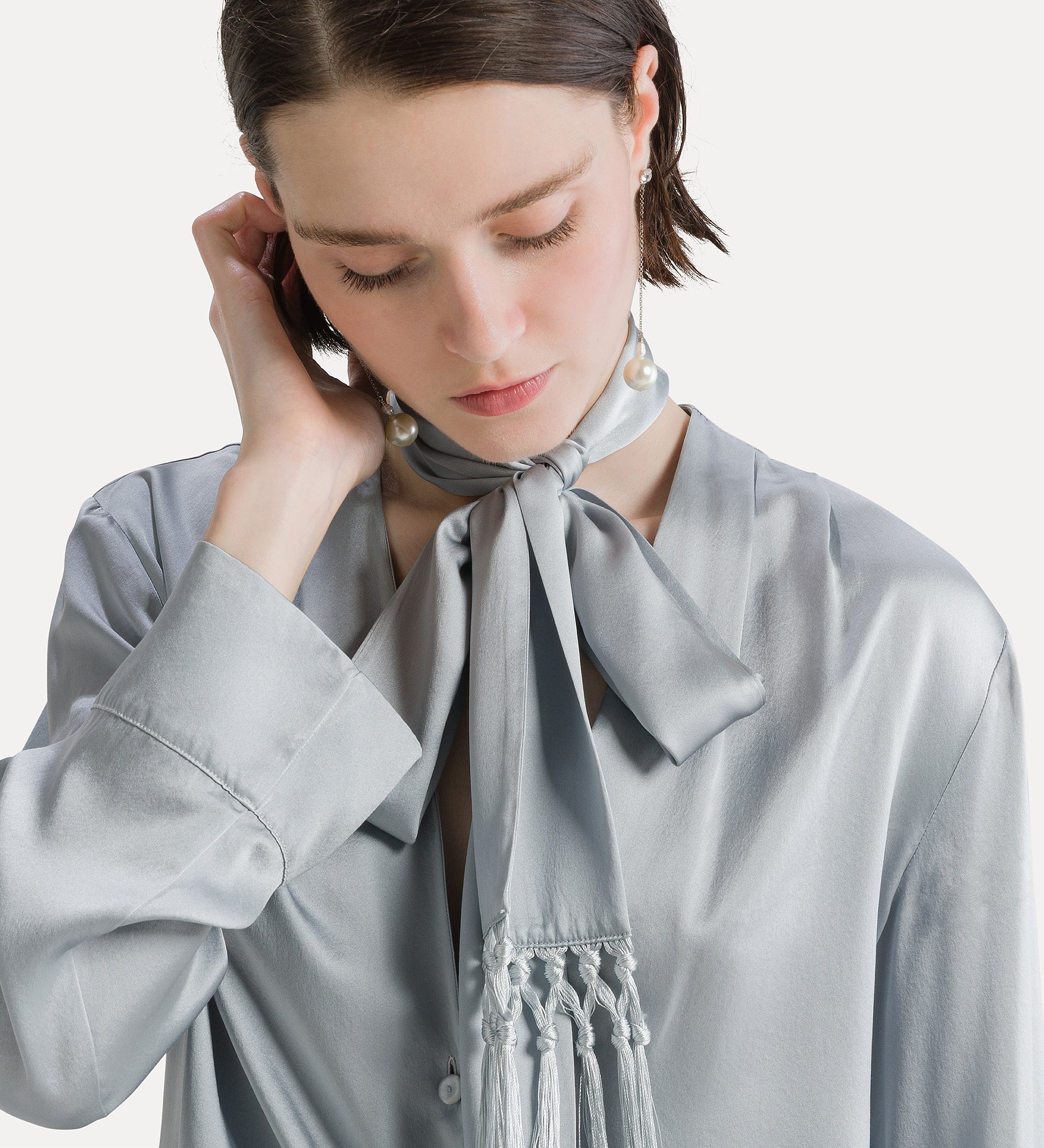 silk satin shirt with neckerchief grey