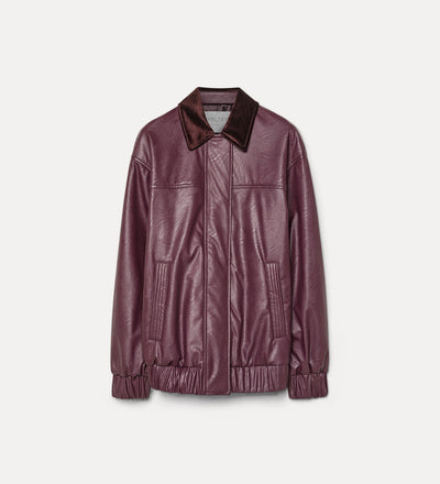 leather-look oversized bomber jacket with velvet collar bordeaux