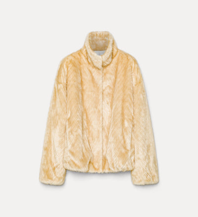 faux fur bomber jacket with a chevron pattern platino