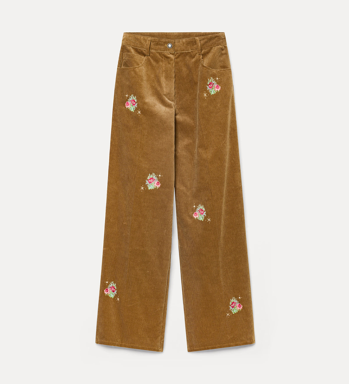 pantalon en velours côtelé à broderie “ bouquet ” camel