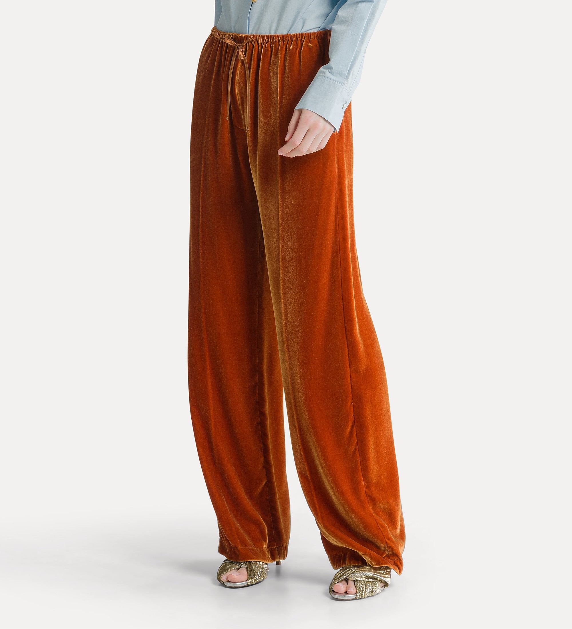 pantalon en velours de viscose et soie avec cordon de serrage mandarin