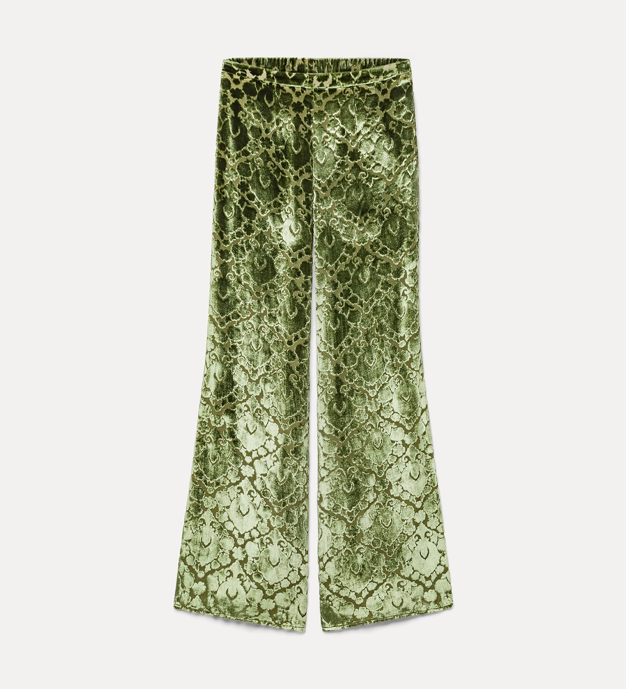 flared floral burnout velvet trousers leaf