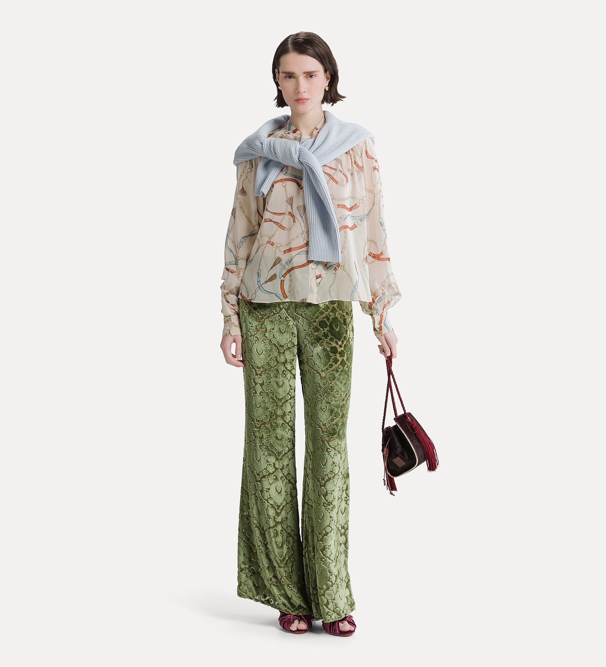 flared floral burnout velvet trousers leaf