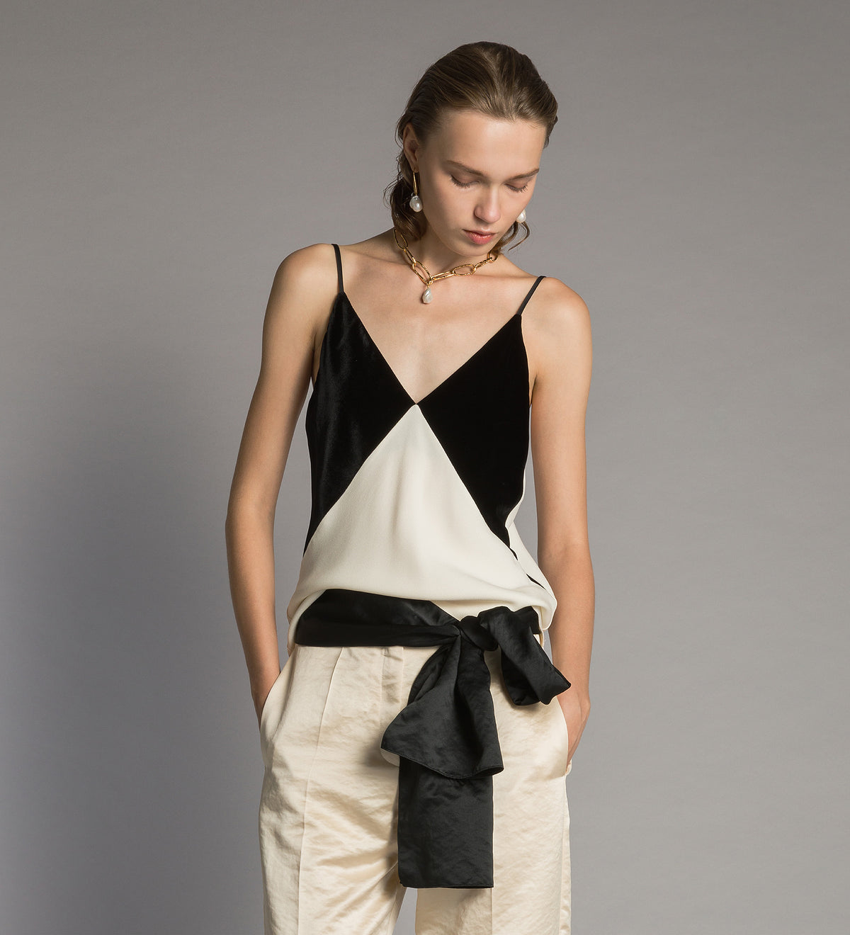 slip top color block in envers satin e velluto diamond