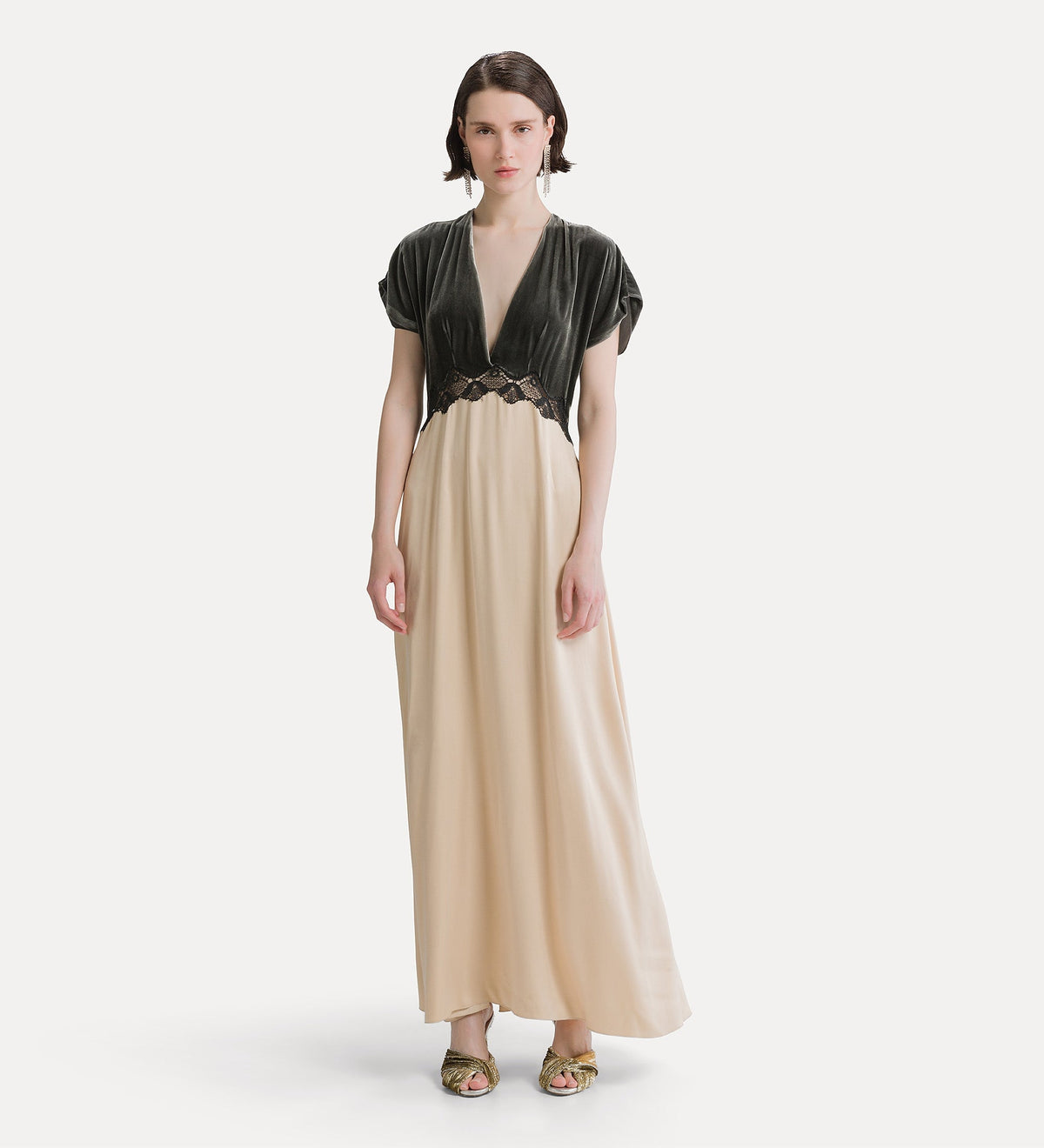 robe en velours et cupro avec dentelle grey