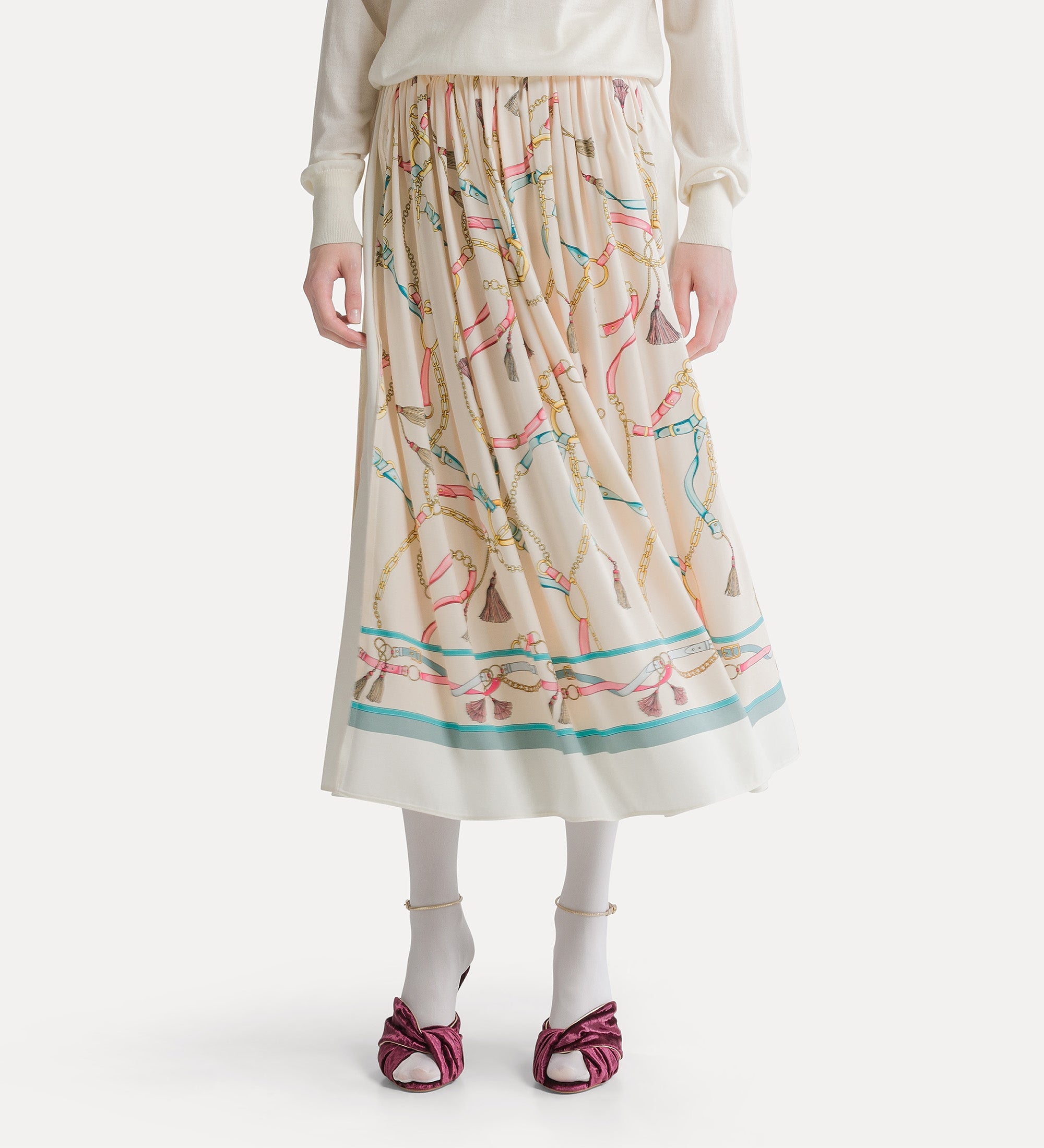 flared skirt with “the crown” placed print ivory